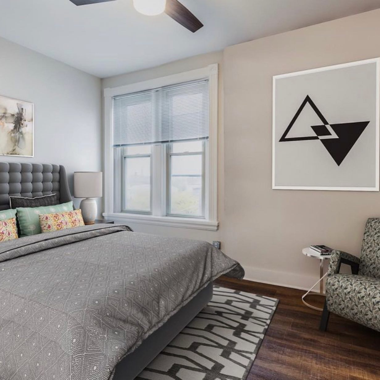 Bedroom with upholstered headboard